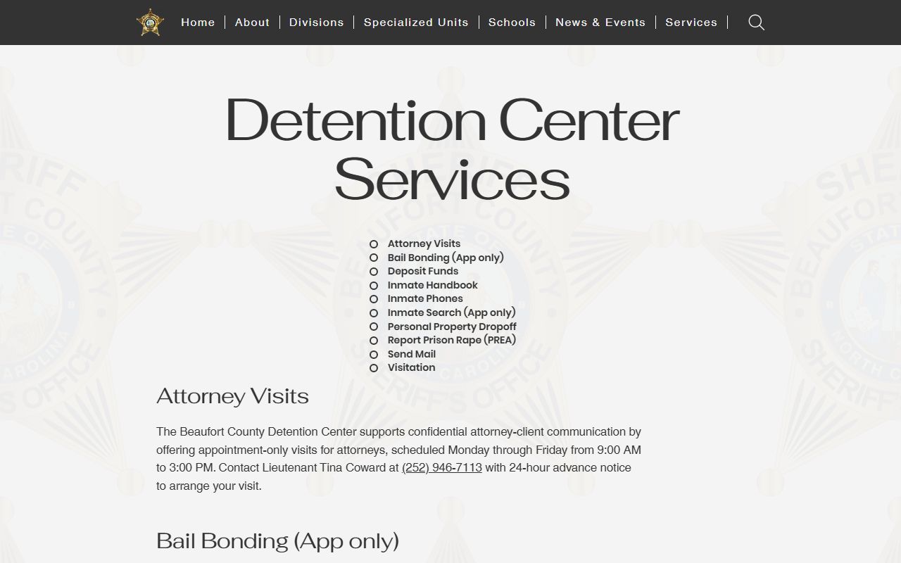Beaufort County inmate records jail services page with app-only inmate search