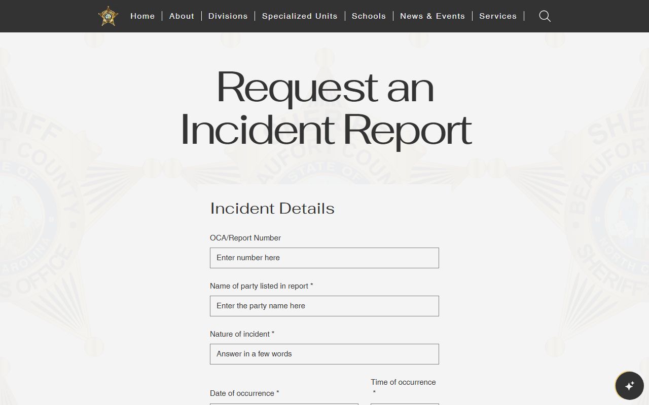 Beaufort County jail mugshots records request form for booking photo requests